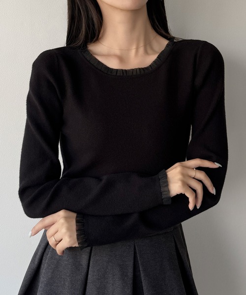 mipiarl（ミピアール）の「シアーフリルニットトップス（ニット/セーター・レディース・ブラック/チャコール/アイボリー・LARGE/MEDIUM）」の11枚目の写真