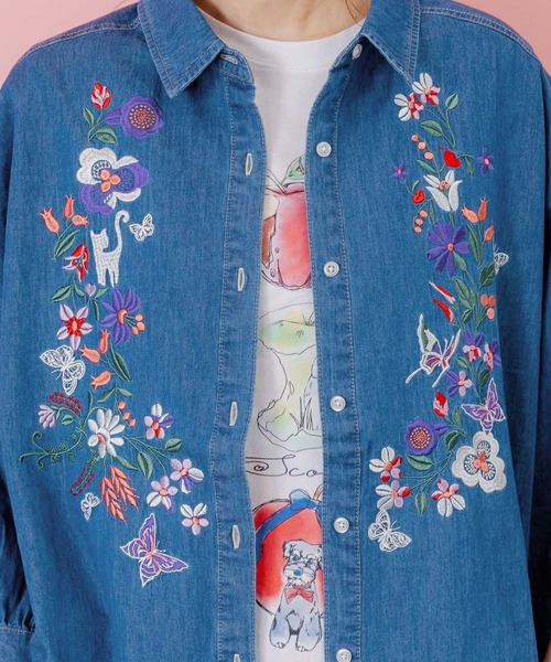 ScoLar（スカラー）の「151704-1：刺繍デニムシャツ（Tシャツ/カットソー・レディース・ブラック/ブルー・M/L）」の6枚目の写真