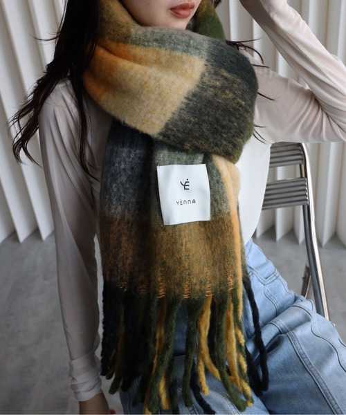 チェックボリュームマフラー / 大判ストール / フリンジ / プレゼント / ギフト