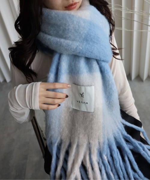 セール】チェックボリュームマフラー / 大判ストール / フリンジ