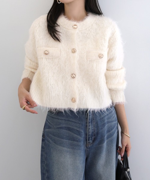 ANAYI モールヘリンボーンニットショート カーディガン 金ボタン ホワイト 金ボタンケーブルニットカーディガン／A｜INGNI(イング) 公式通販