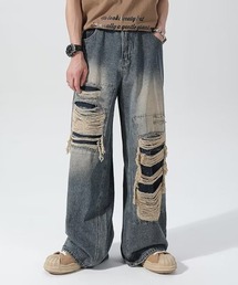 クラッシュダメージ加工ワイドストレートデニムパンツ