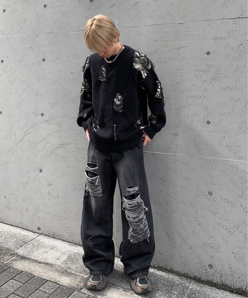 lilful(リルフル)の「クラッシュダメージ加工ワイドストレートデニムパンツ(デニムパンツ・メンズ・ブラック/ブルー・L/M)」の13枚目の写真
