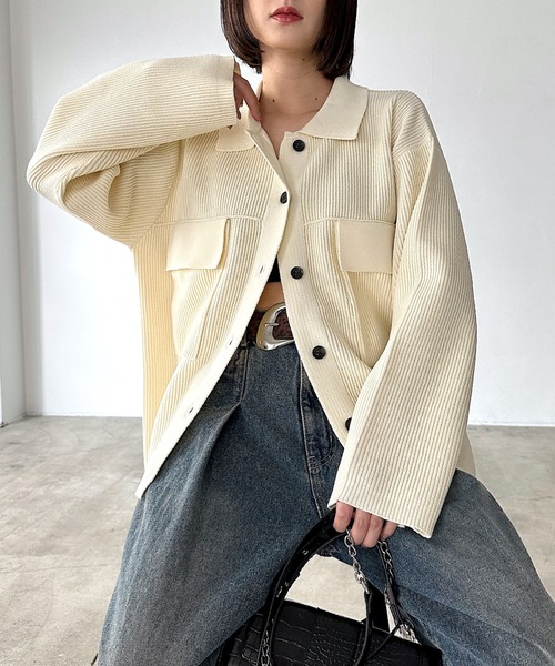 PAGEBOY(ページボーイ)の「メランジニットブルゾン(ブルゾン・レディース・ブラック/オフホワイト/ブルー・FREE)」の1枚目の写真