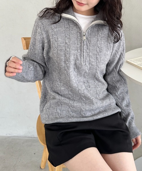 セール】ハーフジップケーブル編みニットトップス（ニット/セーター