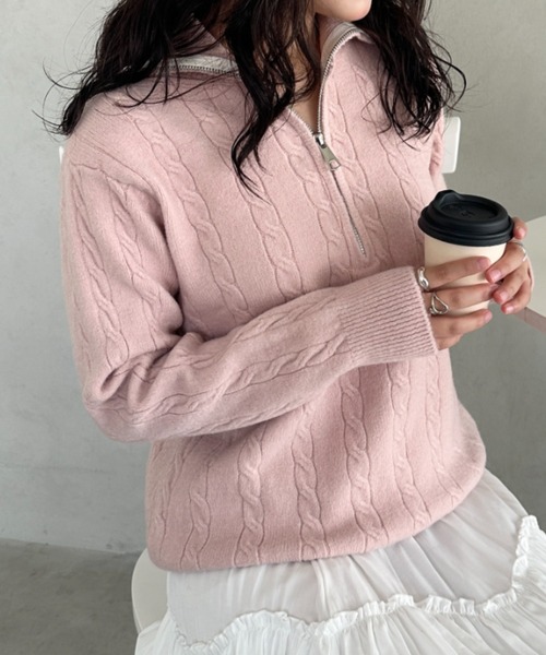 セール】ハーフジップケーブル編みニットトップス（ニット/セーター