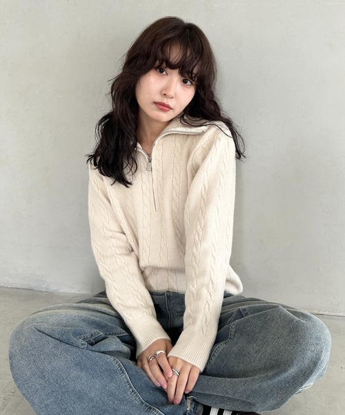 セール】ハーフジップケーブル編みニットトップス（ニット/セーター