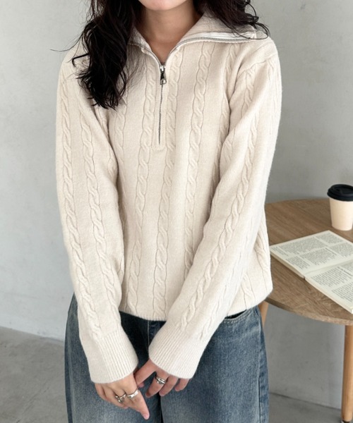 CLEA(クレア)の「ハーフジップケーブル編みニットトップス(ニット/セーター・レディース・グレー/ベージュ/ブラウン/ピンク・FREE)」の12枚目の写真