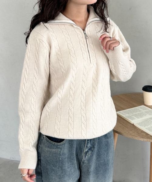 CLEA(クレア)の「ハーフジップケーブル編みニットトップス(ニット/セーター・レディース・グレー/ベージュ/ブラウン/ピンク・FREE)」の13枚目の写真