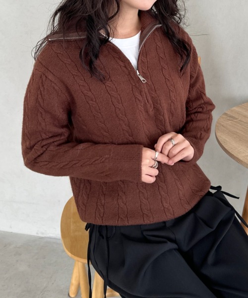 セール】ハーフジップケーブル編みニットトップス（ニット/セーター