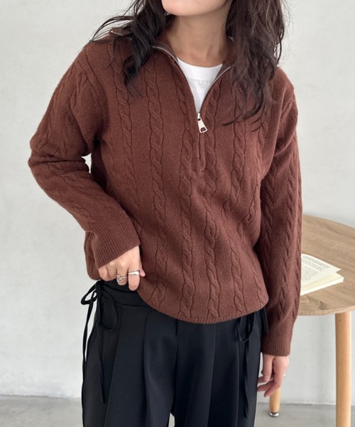 CLEA(クレア)の「ハーフジップケーブル編みニットトップス(ニット/セーター・レディース・グレー/ベージュ/ブラウン/ピンク・FREE)」の9枚目の写真