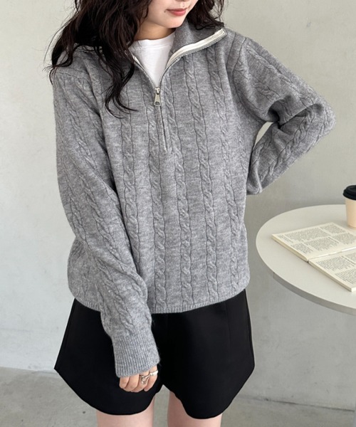 セール】ハーフジップケーブル編みニットトップス（ニット/セーター