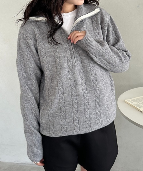 セール】ハーフジップケーブル編みニットトップス（ニット/セーター