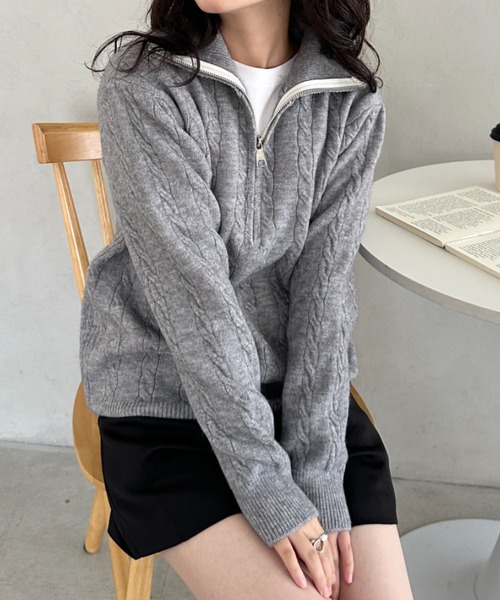 セール】ハーフジップケーブル編みニットトップス（ニット/セーター