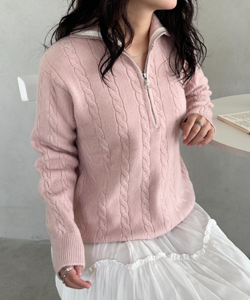 CLEA(クレア)の「ハーフジップケーブル編みニットトップス(ニット/セーター・レディース・グレー/ベージュ/ブラウン/ピンク・FREE)」の21枚目の写真