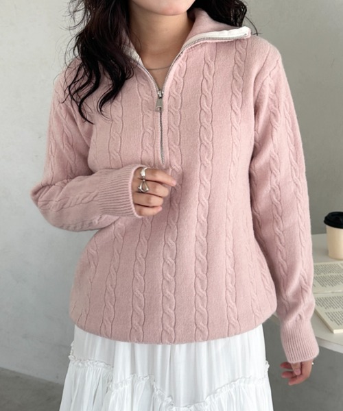 CLEA(クレア)の「ハーフジップケーブル編みニットトップス(ニット/セーター・レディース・グレー/ベージュ/ブラウン/ピンク・FREE)」の19枚目の写真