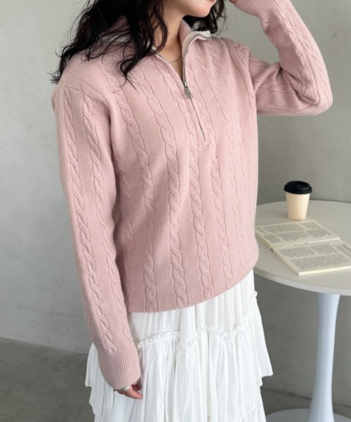 CLEA(クレア)の「ハーフジップケーブル編みニットトップス(ニット/セーター・レディース・グレー/ベージュ/ブラウン/ピンク・FREE)」の20枚目の写真