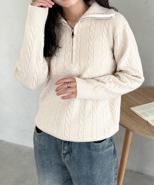   グレー ケーブル編み セーター ハーフジップ セール】ハーフジップケーブル編みニットトップス（ニット/セーター