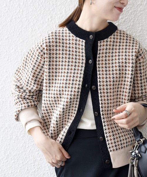 美品　TICCA キッドモヘア　千鳥柄カーディガン　フリ- 定価3.4万 SHIPS any:〈手洗い可能〉モールヤーン クルーネック 千鳥柄