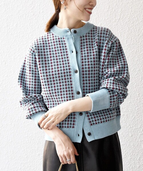 ドビーカルゼ ソフトタンブラーストレッチ 変形千鳥柄　新品 SHIPS any:〈手洗い可能〉モールヤーン クルーネック 千鳥柄