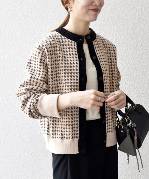 SHIPS anyモールヤーン クルーネック 千鳥柄 カーディガン 手洗い可 SHIPS any:〈手洗い可能〉モールヤーン クルーネック 千鳥柄