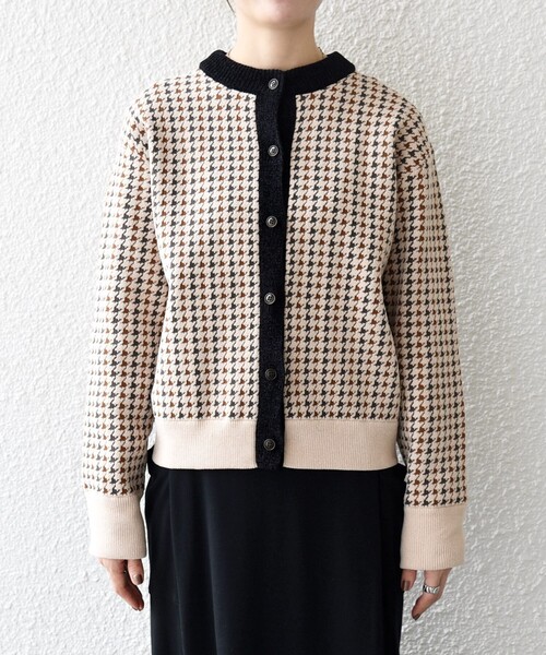 SHIPS anyモールヤーン クルーネック 千鳥柄 カーディガン SHIPS any:〈手洗い可能〉モールヤーン クルーネック 千鳥柄
