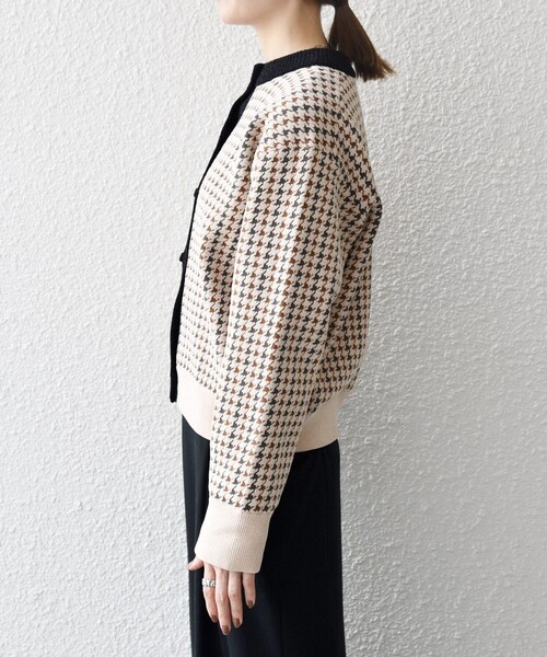 SHIPS any:〈手洗い可能〉モールヤーン クルーネック 千鳥柄 カーディガン