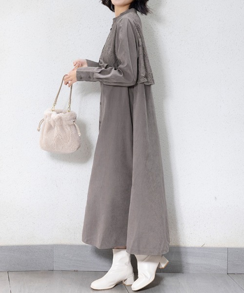 ReRe(リリ)の「バンドカラーワンピース(ワンピース・レディース・グレイッシュベージュ/ブラック/グレー/アイボリー・MEDIUM)」の14枚目の写真