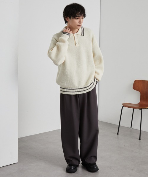 ウォッシャブル/アンチピリング>オーバーサイズ ボーダー ニットポロ