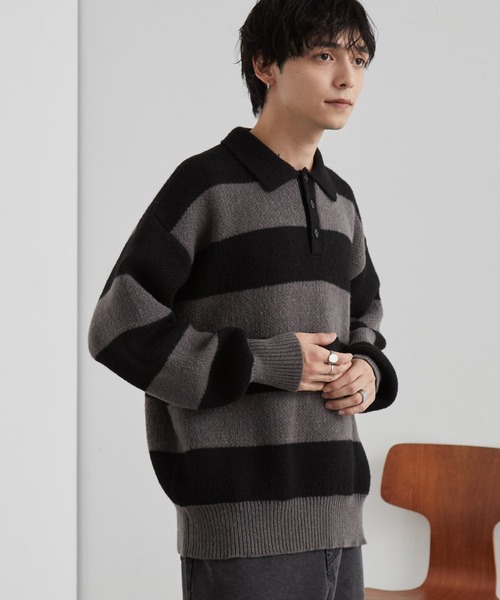 ウォッシャブル/アンチピリング>オーバーサイズ ボーダー ニットポロ