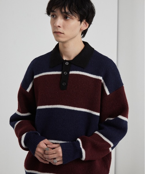 ウォッシャブル/アンチピリング>オーバーサイズ ボーダー ニットポロ
