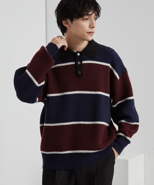 ウォッシャブル/アンチピリング>オーバーサイズ ボーダー ニットポロ