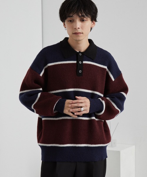 45rpm Badou-R ウールボーダーニットポロシャツ　サイズ3 ウォッシャブル/アンチピリング>オーバーサイズ ボーダー ニットポロ