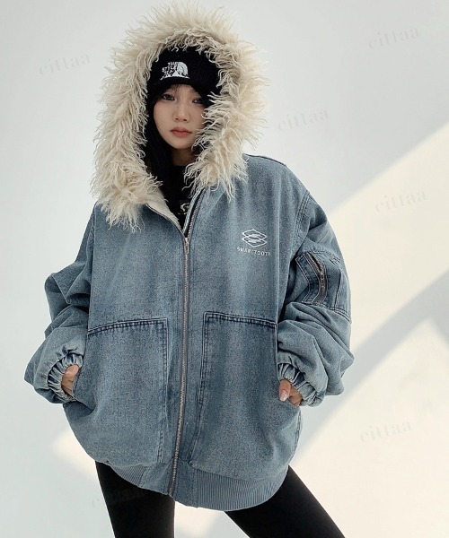 セール】韓国ファッション SAMRTTOOTHフードボアデニムジャケット