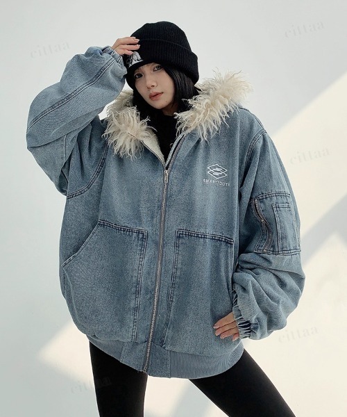 韓国ファッション SAMRTTOOTHフードボアデニムジャケット（デニム