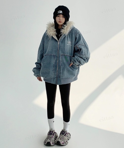 セール】韓国ファッション SAMRTTOOTHフードボアデニムジャケット