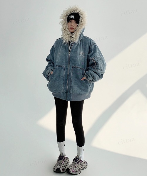 セール】韓国ファッション SAMRTTOOTHフードボアデニムジャケット
