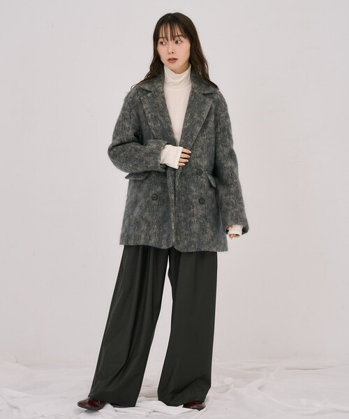 UNITED TOKYO（ユナイテッドトウキョウ）の「シャギーオーバージャケット｜ウールコート/モヘヤ/ジャケットコート/ショートコート/オフィスカジュアル/冬服（チェスターコート・レディース・ネイビー/ダークグレー・2/1）」の3枚目の写真