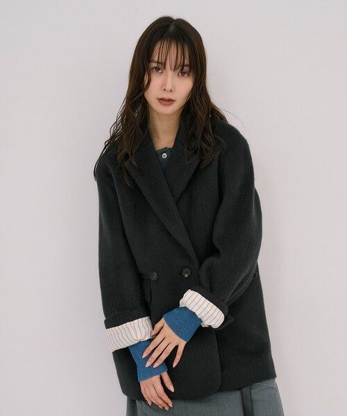 UNITED TOKYO（ユナイテッドトウキョウ）の「シャギーオーバージャケット｜ウールコート/モヘヤ/ジャケットコート/ショートコート/オフィスカジュアル/冬服（チェスターコート・レディース・ネイビー/ダークグレー・2/1）」の20枚目の写真