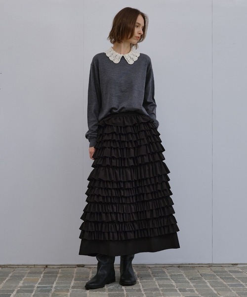 LE CIEL BLEU(ルシェルブルー)の「ラッフルミディスカート / Ruffle Midi Skirt(スカート・レディース・ブラック・36)」の1枚目の写真