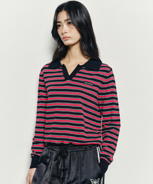NICK&NICOLE(ニックアンドニコール)の「MULTI STRIPE V-NECK COLLAR KNIT_BLACK(ニット/セーター・レディース・その他・FREE)」の2枚目の写真