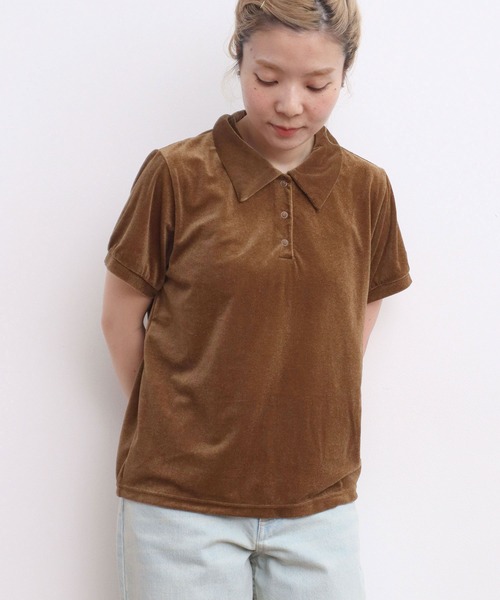 CHILD WOMAN（チャイルドウーマン）の「シアーベロア ショートポロシャツ（ポロシャツ・レディース・サックスブルー/アイボリー/ブラウン・FREE）」の3枚目の写真