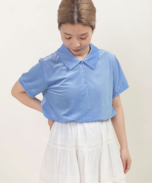 CHILD WOMAN（チャイルドウーマン）の「シアーベロア ショートポロシャツ（ポロシャツ・レディース・サックスブルー/アイボリー/ブラウン・FREE）」の4枚目の写真