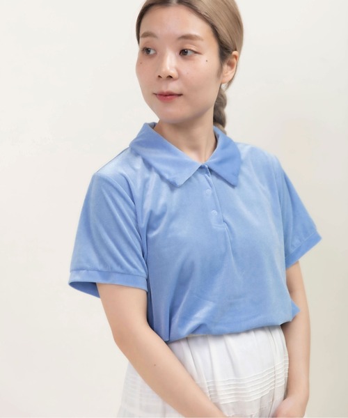 CHILD WOMAN（チャイルドウーマン）の「シアーベロア ショートポロシャツ（ポロシャツ・レディース・サックスブルー/アイボリー/ブラウン・FREE）」の5枚目の写真