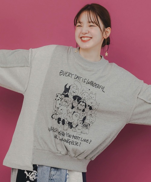 ScoLar（スカラー）の「153742：毎日がわんダフル柄アシメプルオーバー（Tシャツ/カットソー・レディース・ブラック/杢グレー/オートミール・M）」の3枚目の写真