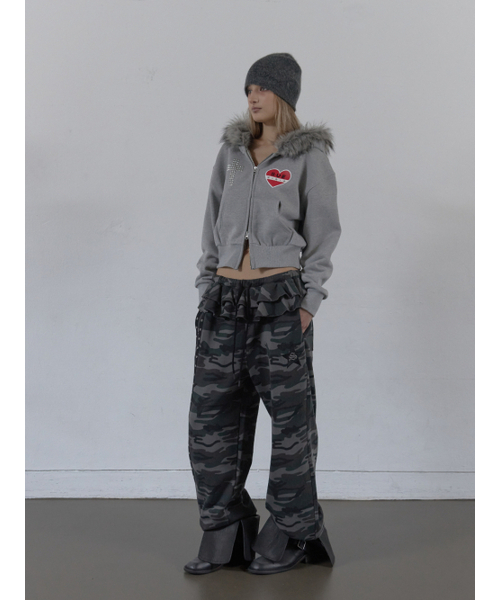 FUR TRIMMING HOODED ZIP-UP / MELANGE GRAY