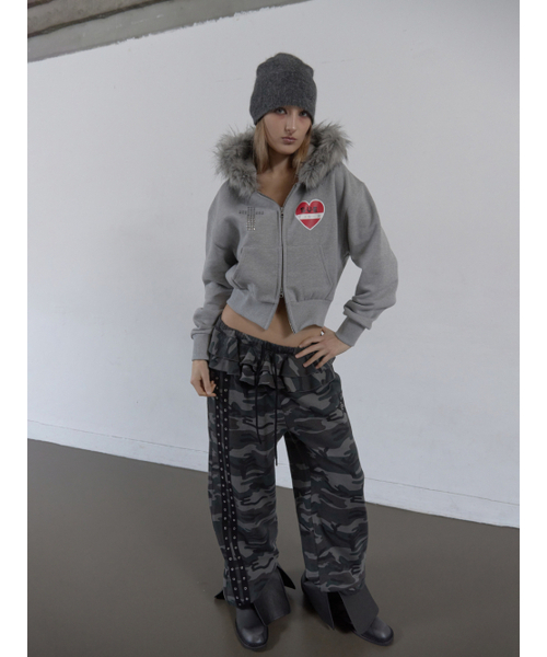 FUR TRIMMING HOODED ZIP-UP / MELANGE GRAY