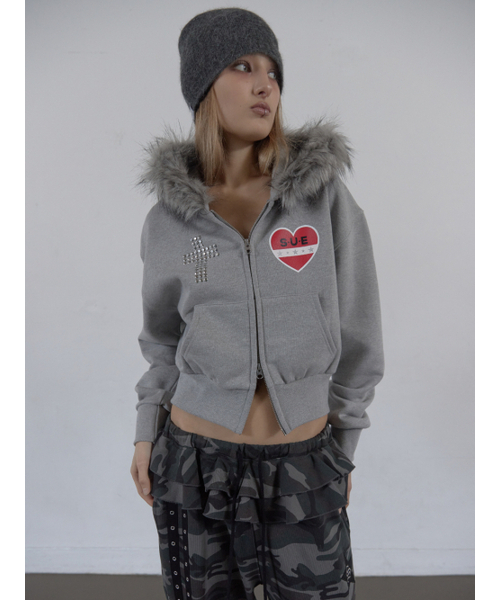 FUR TRIMMING HOODED ZIP-UP / MELANGE GRAY
