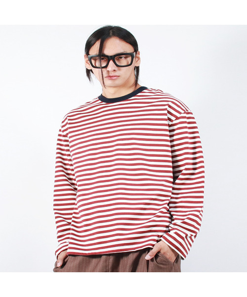 DEMARC(ドゥマーク)の「M STRIPE LOOSE-FIT LONG SLEEVE TEE - burgundy(Tシャツ/カットソー・メンズ・その他・MEDIUM/LARGE)」の1枚目の写真