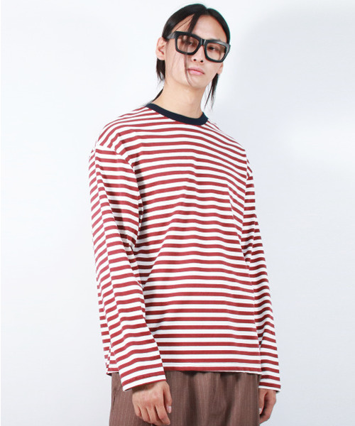 DEMARC(ドゥマーク)の「M STRIPE LOOSE-FIT LONG SLEEVE TEE - burgundy(Tシャツ/カットソー・メンズ・その他・MEDIUM/LARGE)」の7枚目の写真